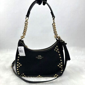 Coach Teri Hobo Bag With Rivets Shoulder Crossbody In Leather/Gold/Black CAK02